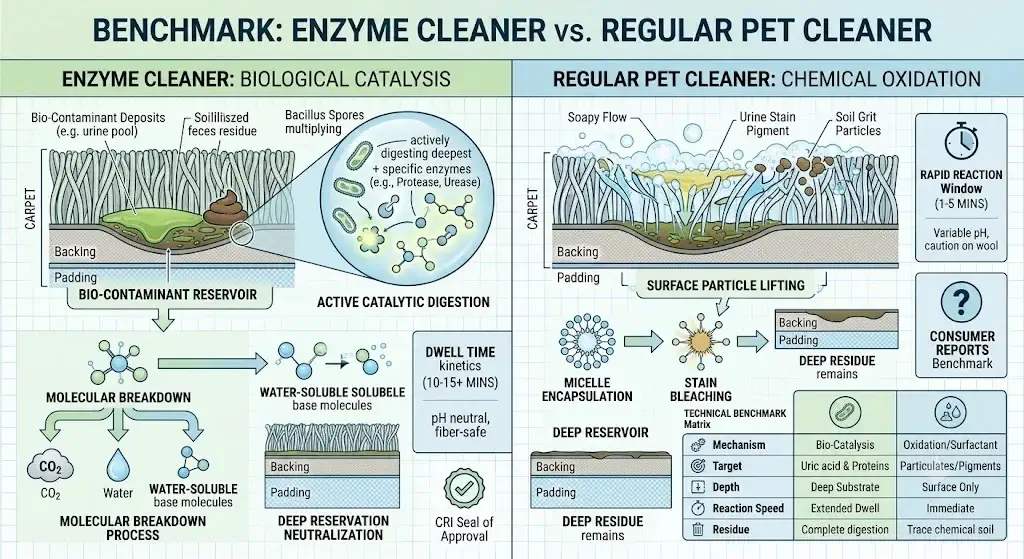 Enzyme cleaner vs regular pet cleaner benchmarked for bio digestion and stain lifting