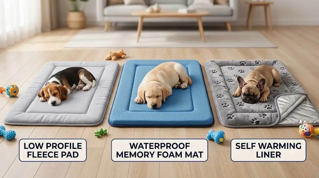 Comparison lineup of the best puppy crate mats showing low profile fleece pads, waterproof memory foam mats, and self warming liners