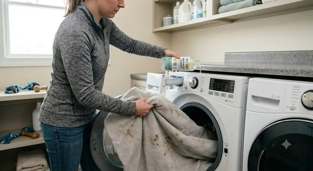 Person placing washable dog crate bedding into a washing machine with specialized enzymatic pet detergent