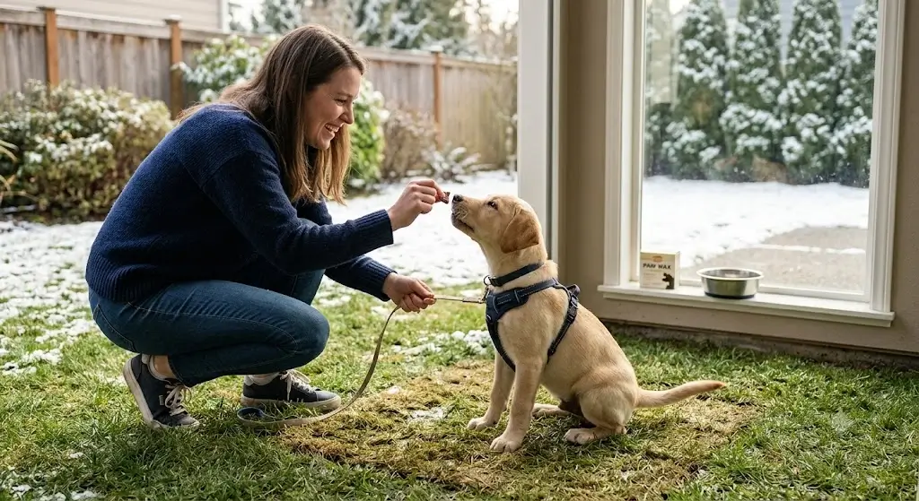 Dog owner handing a small high-value treat to a puppy immediately after outdoor potty success