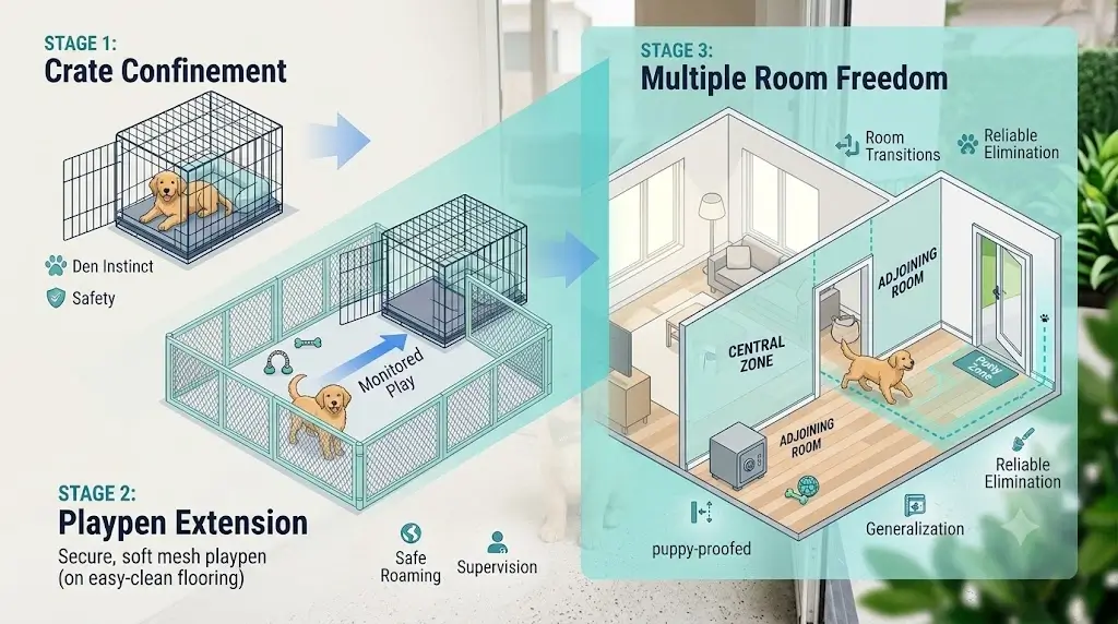 Stages of indoor puppy freedom expanding from crate to playpen to multiple rooms