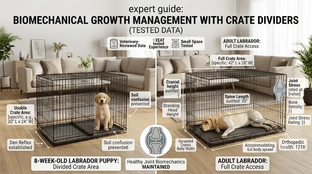 Biomechanical growth management diagram comparing an 8-week-old Labrador puppy with a divider to an adult Labrador using full crate space