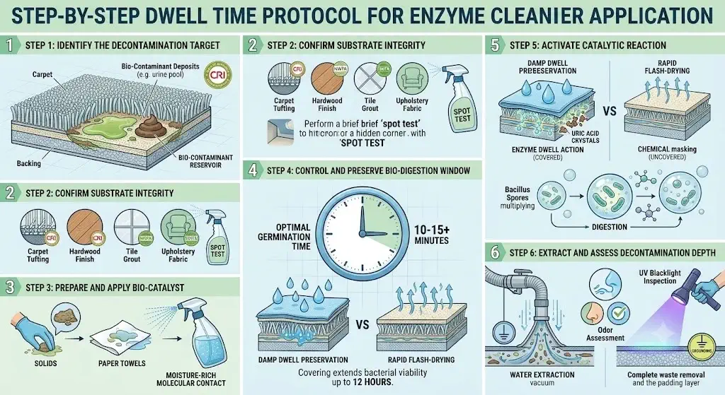 Step by step dwell time protocol for enzyme cleaner application