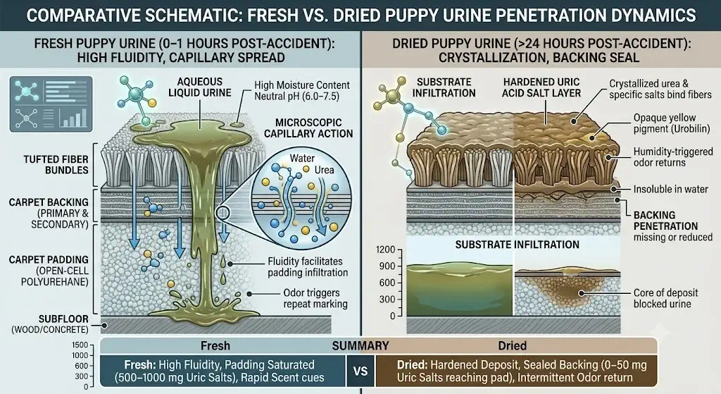 Diagram showing fresh versus dried puppy urine penetration into carpet padding