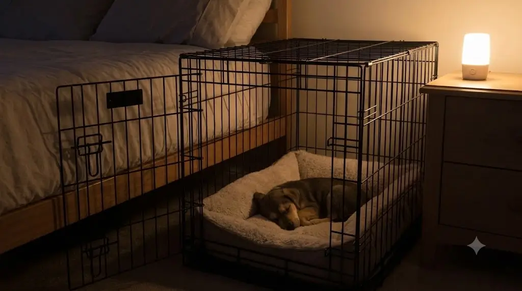 Puppy crate training at night showing a bedside wire crate setup with comfortable bedding in a dim room