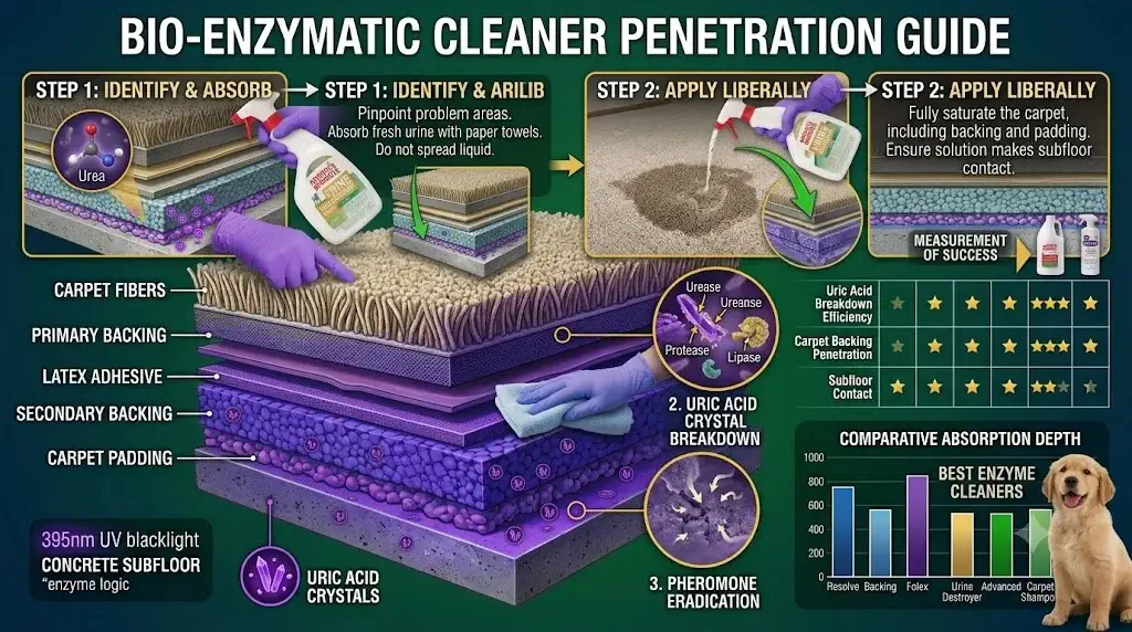 Step by step application of bio-enzymatic cleaner soaking through carpet into subfloor padding