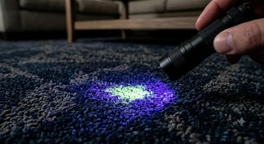UV blacklight flashlight illuminating a glowing dried pet urine stain on dark carpet fibers