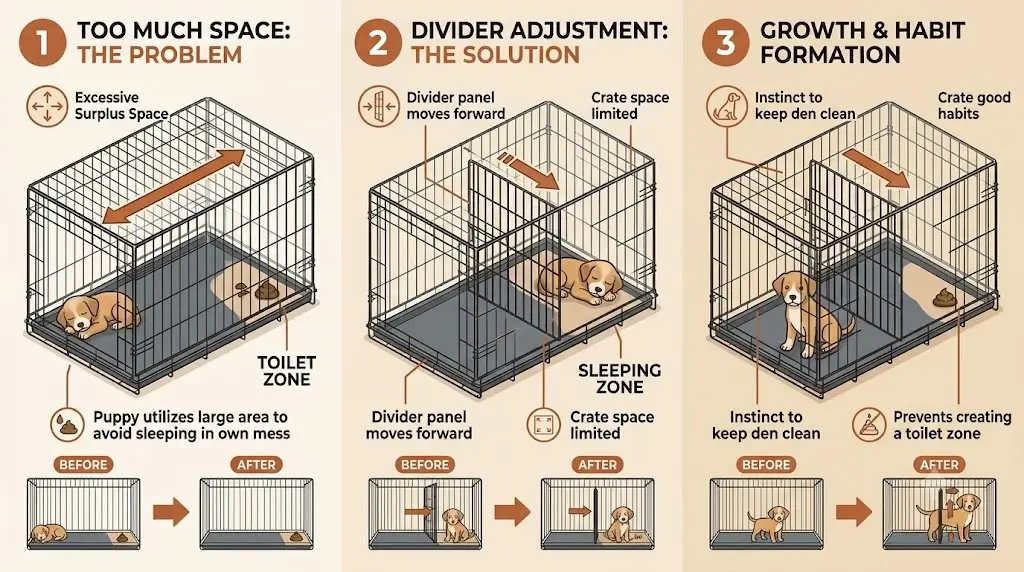 Diagram showing how an adjustable divider eliminates surplus crate space and stops puppies from creating a toilet zone