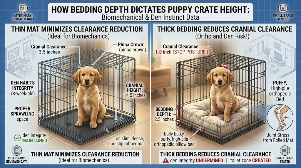 Diagram showing how thick bedding reduces vertical cranial clearance in a puppy crate