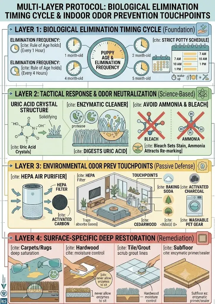 Infographic detailing the biological elimination timing cycle and indoor odor prevention touchpoints