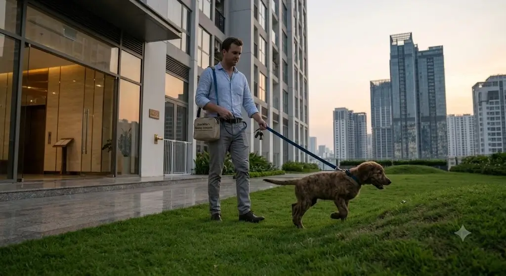 Pet owner returning home from work and immediately taking the puppy outside on grass to potty
