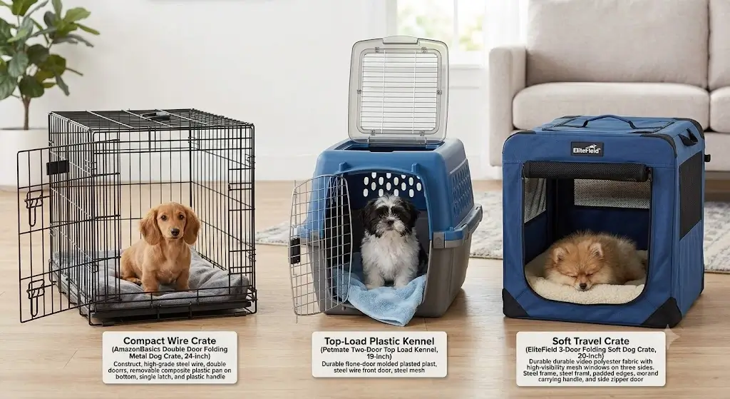 Comparison lineup of the best puppy crates for small dogs including compact wire crates, top-load plastic kennels, and soft travel crates