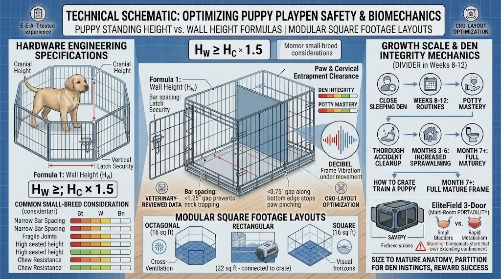 Technical diagram showing puppy standing height versus playpen wall height formulas and square footage layouts