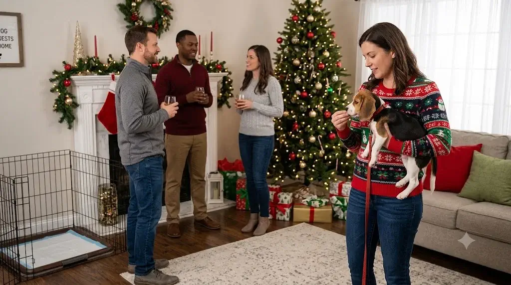 House training a puppy during holidays showing handler managing puppy on leash near guests and decorations