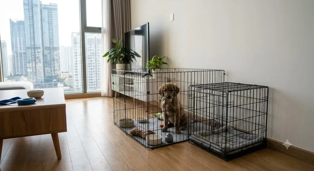 A compact wire dog crate and exercise pen setup positioned neatly against a wall in a small apartment