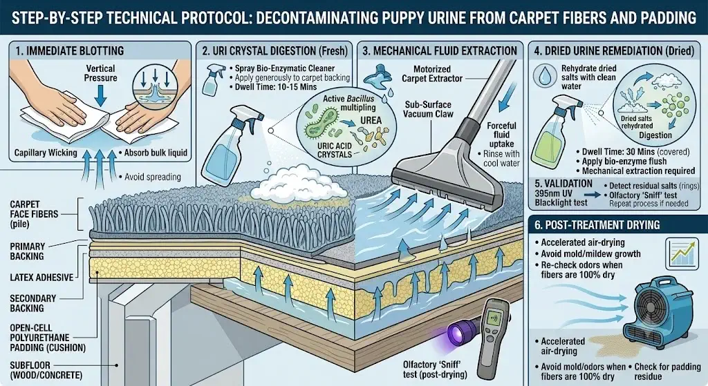 Step-by-step technical protocol for cleaning puppy pee from carpet fibers and padding
