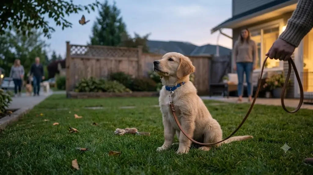 Distracted puppy sitting outdoors on the grass looking around instead of pottying