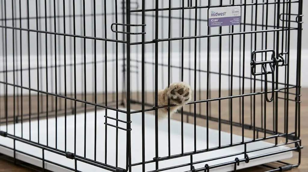 Close-up of MidWest iCrate 24-inch wire crate showing narrow bar spacing safe for small puppies