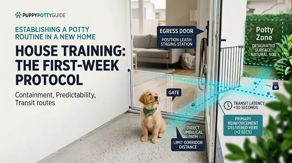 Diagram showing clear indoor to outdoor potty transit route in a new home