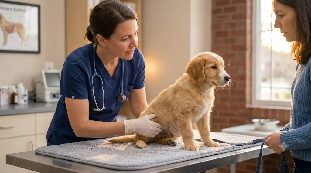 Veterinarian examining a small puppy to check for bladder infections and urinary health