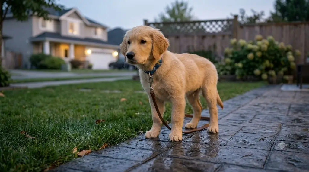 Puppy standing cautiously on a wet outdoor path near grass