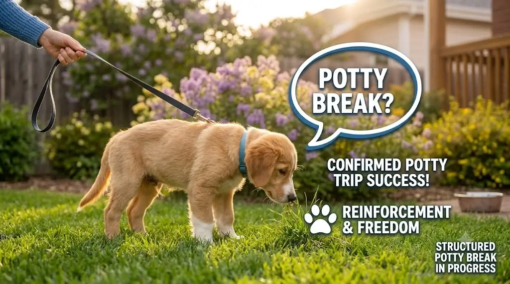 Dog on a leash being offered a potty break outdoors before rest time