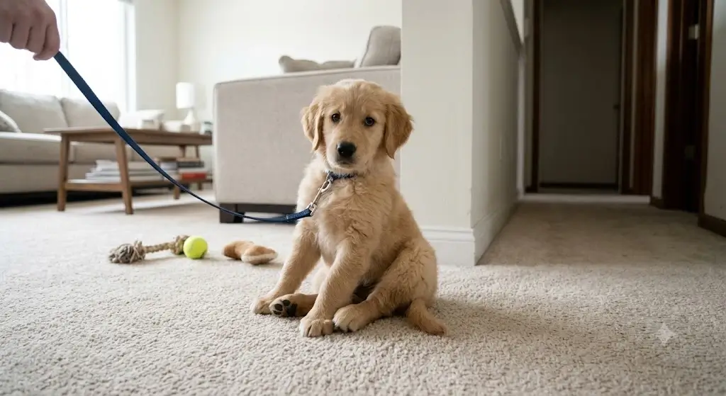 A young puppy sitting uncertainly on a living room carpet near an unmonitored hallway