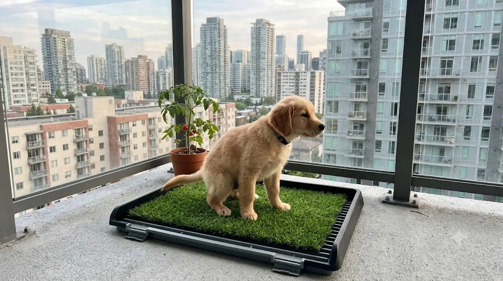 Puppy using an indoor grass potty station on an apartment balcony to reinforce outdoor grass elimination habits