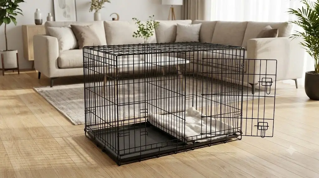Proper puppy crate setup in a modern living room showing a wire crate with divider and clean crate pan