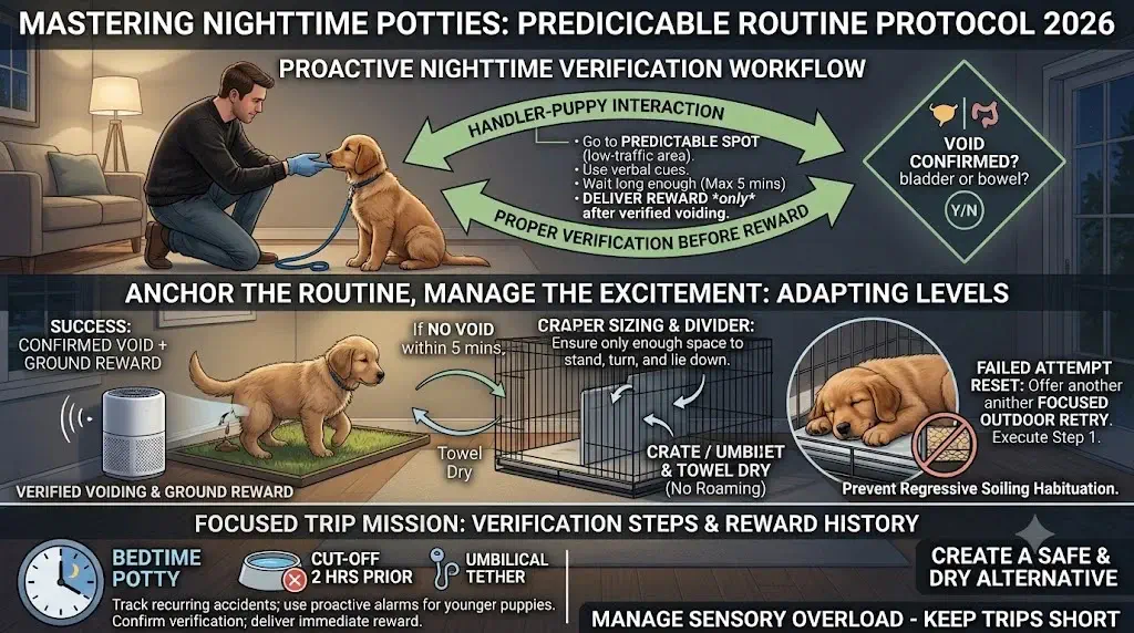 House training a puppy before bed showing handler guiding calm puppy on leash at night