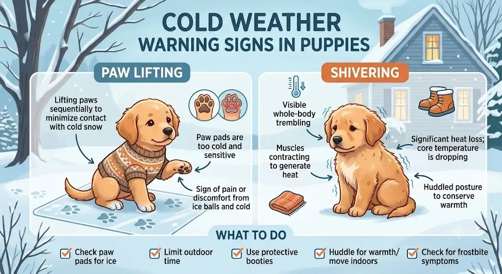 Infographic illustrating cold weather warning signs in puppies like paw lifting and shivering
