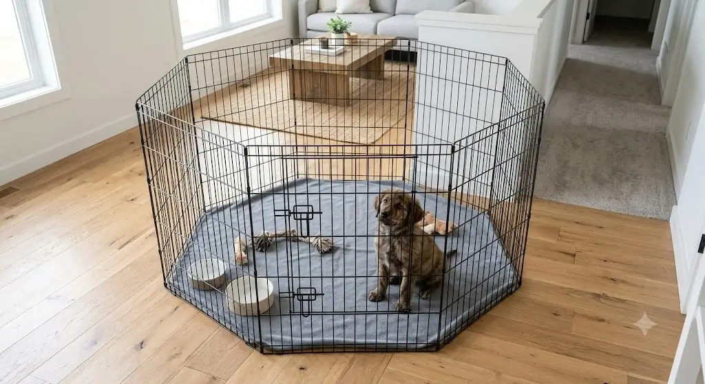 A safe wire exercise pen setup on a clean wood floor restricting puppy room access