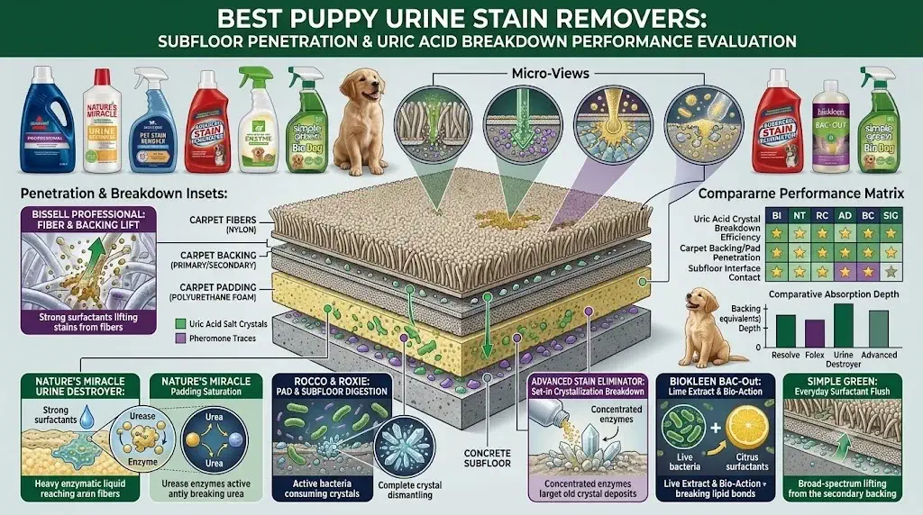 Best puppy urine stain removers evaluated for carpet subfloor penetration and uric acid breakdown