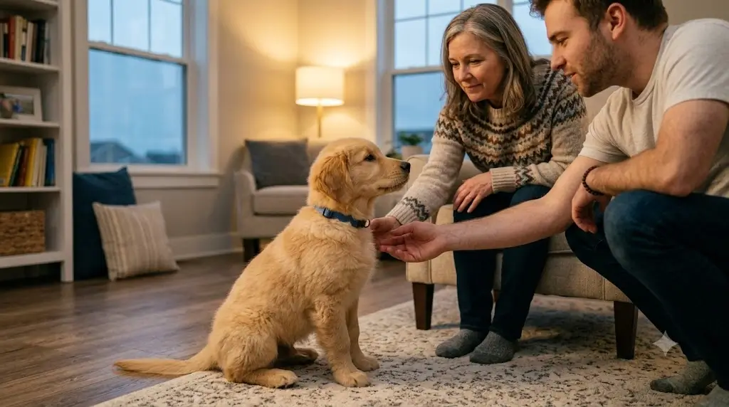 Dog sitting calmly while meeting a new visitor in the living room