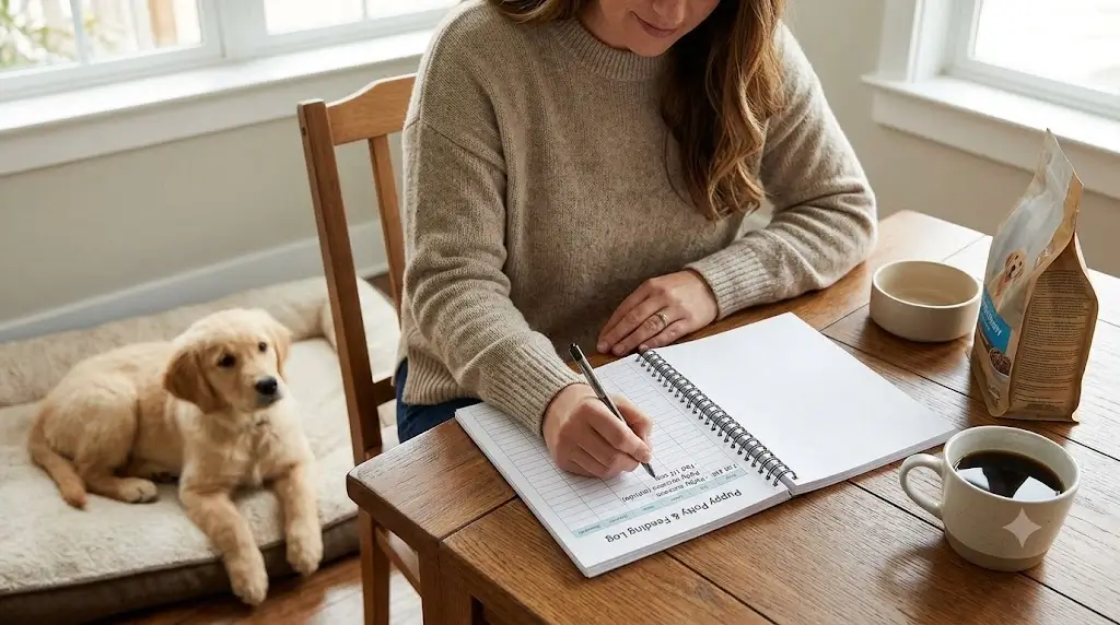 Dog owner writing down daily potty training and feeding schedule log