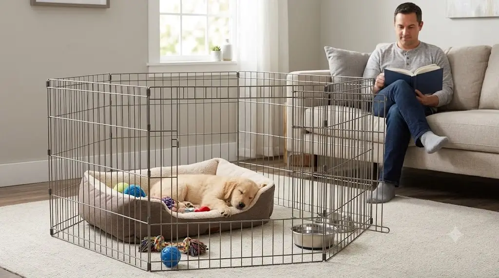 Puppy resting safely in an indoor confinement pen under supervision