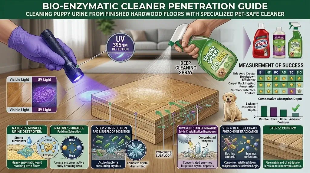 Cleaning puppy urine from finished hardwood floors with specialized pet-safe cleaner