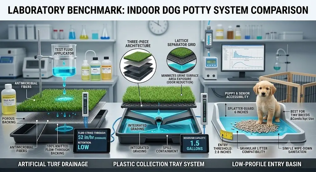 Laboratory benchmark of indoor dog potty systems comparing artificial turf drainage, plastic collection trays, and low-profile entry basins