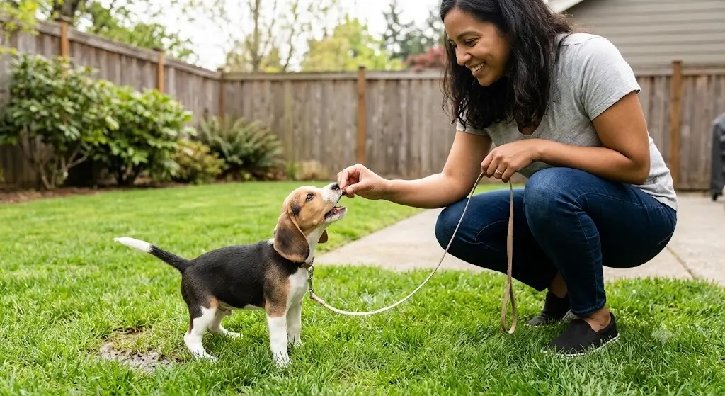 Owner rewarding a puppy with a treat right after going potty outside