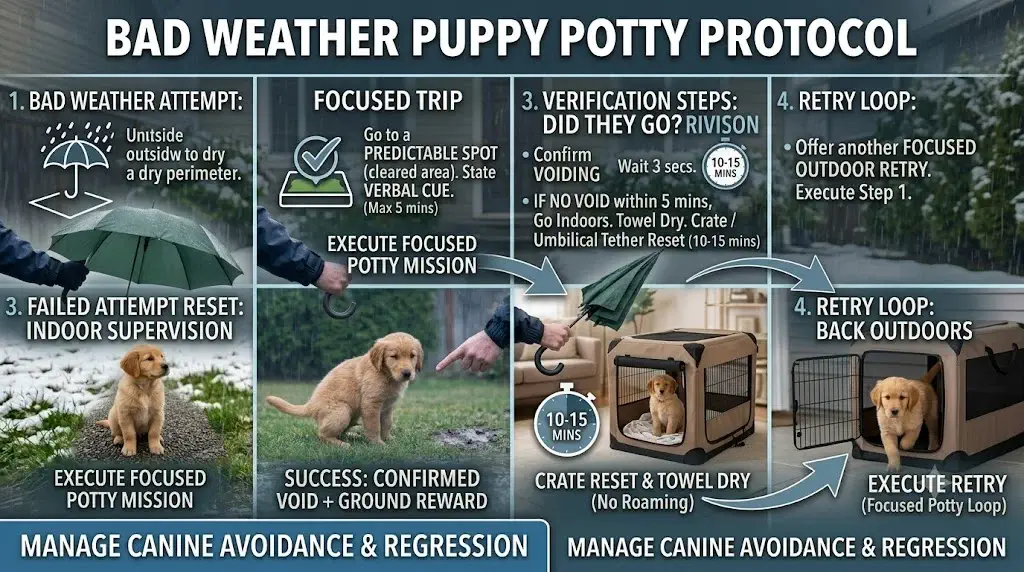 Workflow diagram illustrating bad weather puppy potty attempts, verification steps, and indoor crate supervision resets