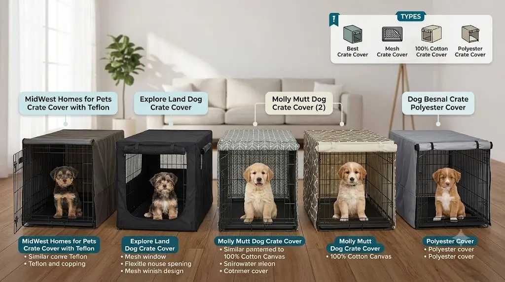 Comparison lineup of the best puppy crate covers showing fitted polyester covers, canvas covers, and mesh window designs
