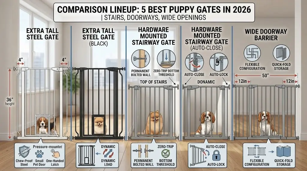 Comparison lineup of the best puppy gates showing extra tall steel gates, hardware mounted stairway gates, and wide doorway barriers