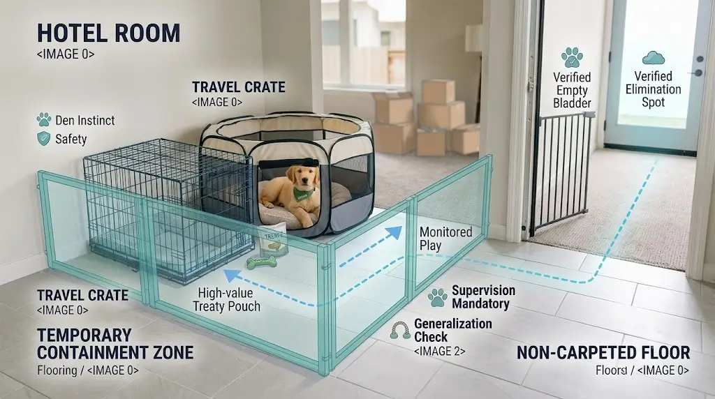 Hotel room setup featuring a travel crate and playpen on non-carpeted surfaces