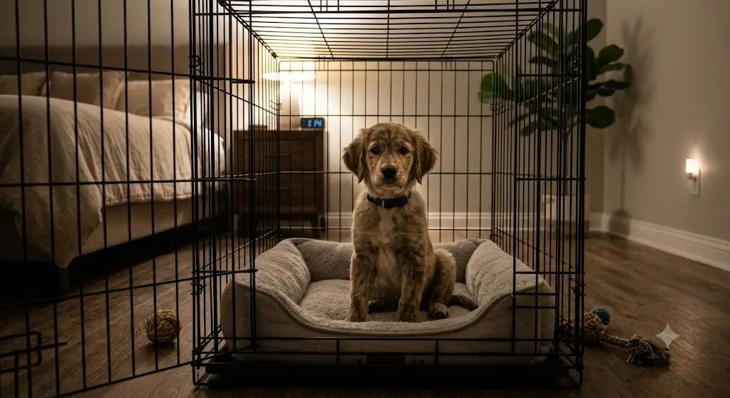 A small puppy awake and sitting calmly inside a wire crate in a dimly lit bedroom at night