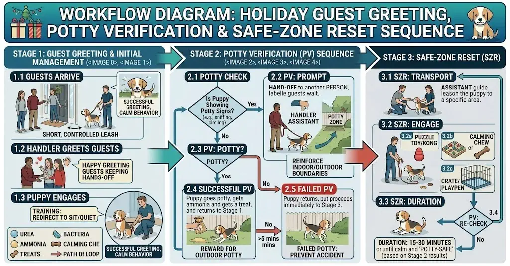 Workflow diagram illustrating the holiday guest greeting, potty verification, and safe-zone reset sequence