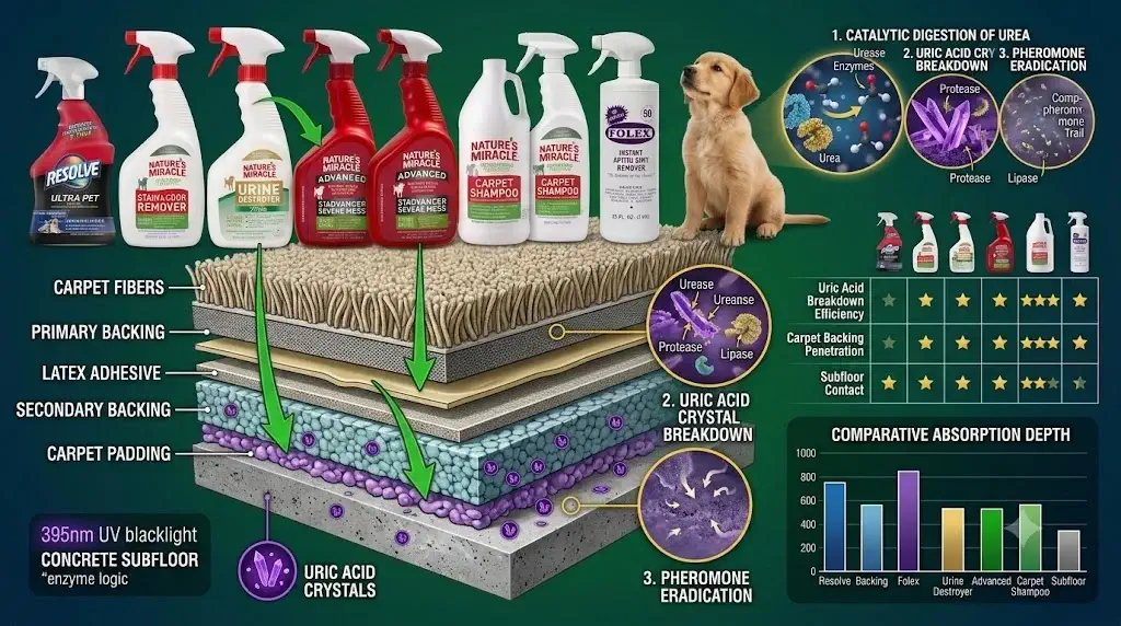 Best enzyme cleaners for puppy urine evaluated for carpet subfloor penetration and uric acid breakdown