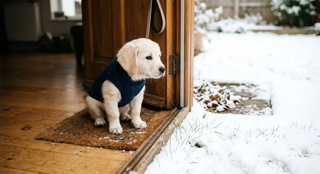 A small 10-week-old puppy hesitating at an open door looking at snowy grass in cold winter weather