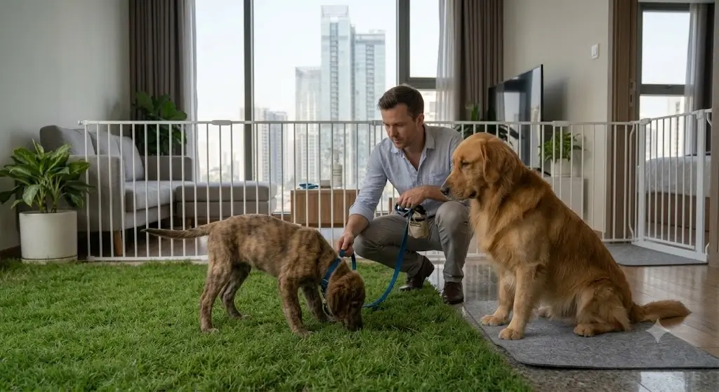 A pet owner holding a puppy on a short leash focused on potty while an older dog waits calmly nearby