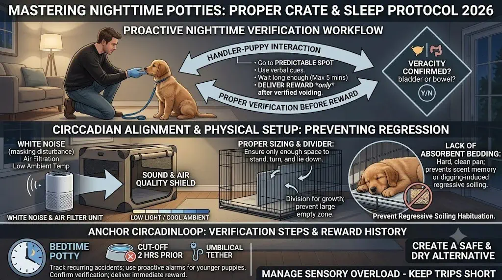 Proper puppy bedroom crate setup showing proper sizing, divider, white noise, and lack of absorbent bedding