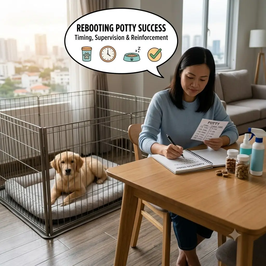 Dog owner logging puppy nighttime wake-ups and bathroom times in a notebook